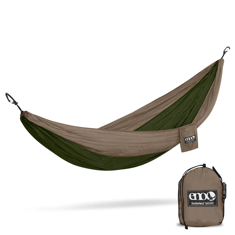ENO Doublenest Hammock Khaki Olive Soft Breathable Fabric 70 Denier High Tenacity Nylon Taffeta Fast Dry Heavy Duty Triple Stitched Compression Stuffsack Aluminium Wiregate Carabiners Weight 539 g - Image 1