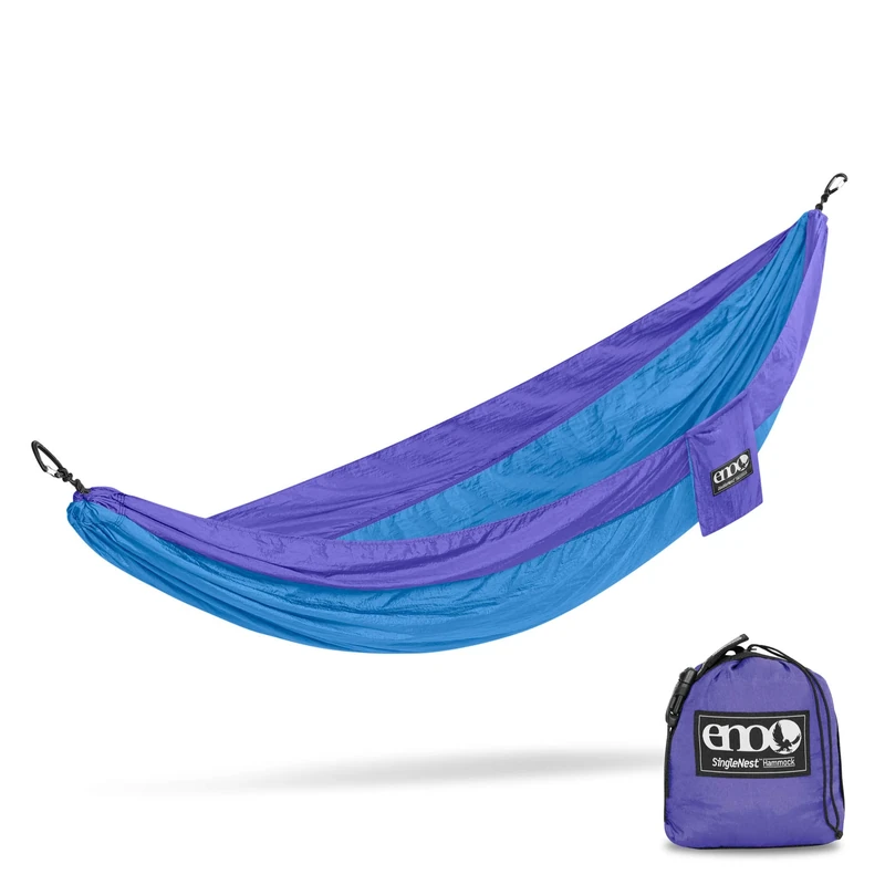 ENO Singlenest Hammock Purple Teal Soft Breathable Fabric 70 Denier High Tenacity Nylon Taffeta Heavy Duty Triple Stitched Fast Dry Compression Stuffsack Aluminium Wiregate Carabiners Weight 454 g
