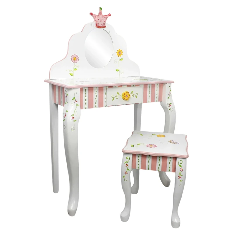 Fantasy Fields - Princess & Frog themed Kids Vanity Dressing Up Table and Stool Set with Mirror | Hand Crafted & Hand Painted Details | Child Friendly Water-based Paint