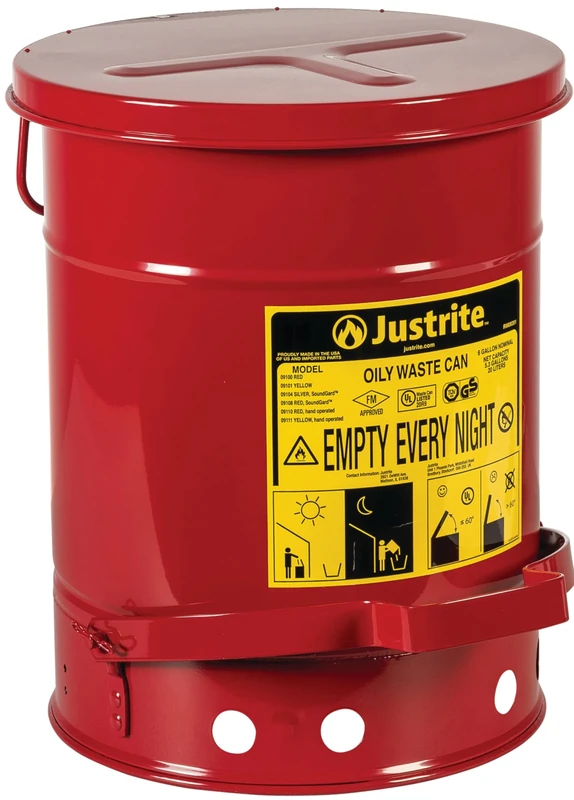 Justrite 09100 Galvanized Steel Oily Waste Safety Can with Foot Lever, 20 L Capacity, 11-7/8" OD x 15-7/8" H, Red