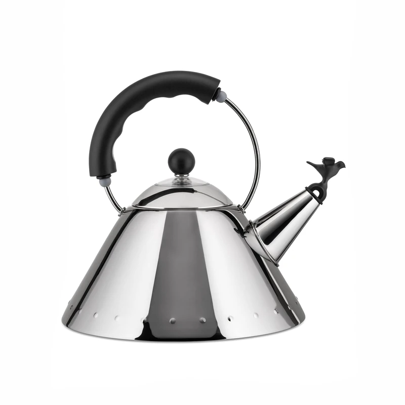 Alessi Stainless Steel Kettle with Handle and Small Bird-Shaped Whistle, Black