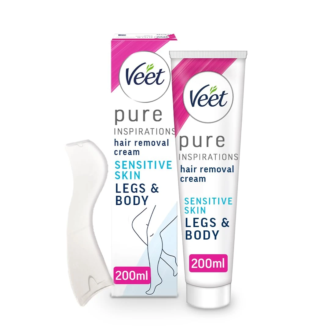 Veet Pure Sensitive Hair Removal Cream 200 ml - Leg Depilatory for Smooth, Exfoliated, and Hydrated Results with Shea Butter