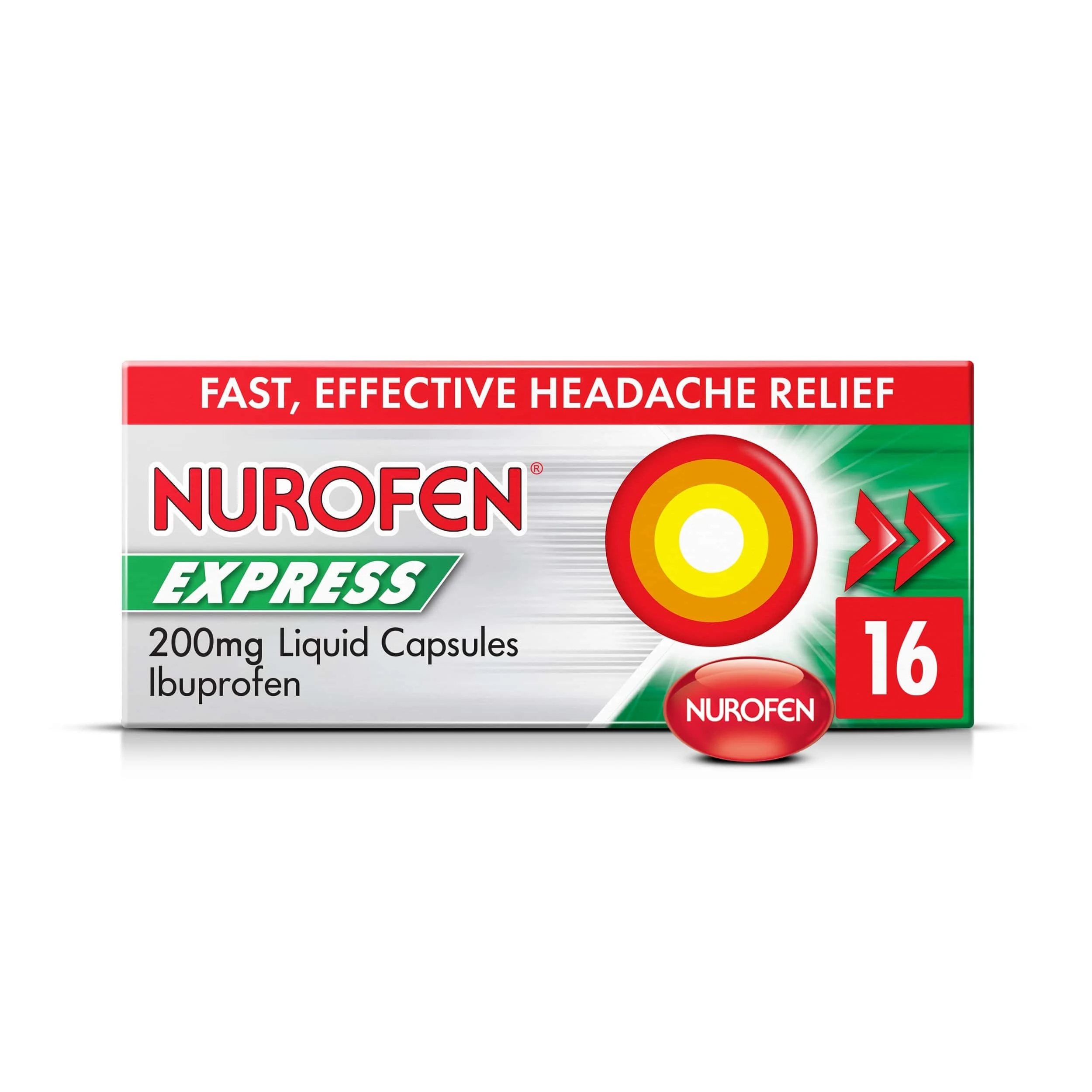 Nurofen Express Ibuprofen Liquid Capsules 200mg, 16 Count - Fast-Acting Relief for Period Pain, Headaches, Migraines, Cold & Flu Symptoms