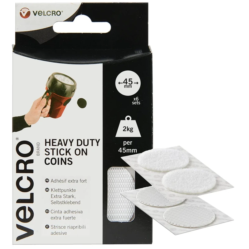 VELCRO® Brand | Heavy Duty Stick On Coins | Industrial Strength Hook & Loop Self Adhesive Sticky Coins Perfect for Room Décor & Home, Office, Garage Use | White | 45mm x 45mm | Set of 6