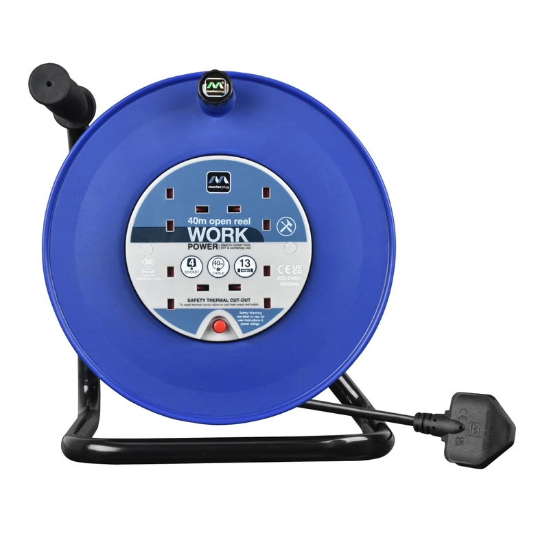 Masterplug Four Socket, 40 Metre Open Cable Reel, Large Extension Lead Reel, Wind-Up Power Retractable Cord Reel, Heavy Duty, Thermal Cut Out, Work Power, Blue/Black, 13A, 4G, 40m, HDCC4013/4BL