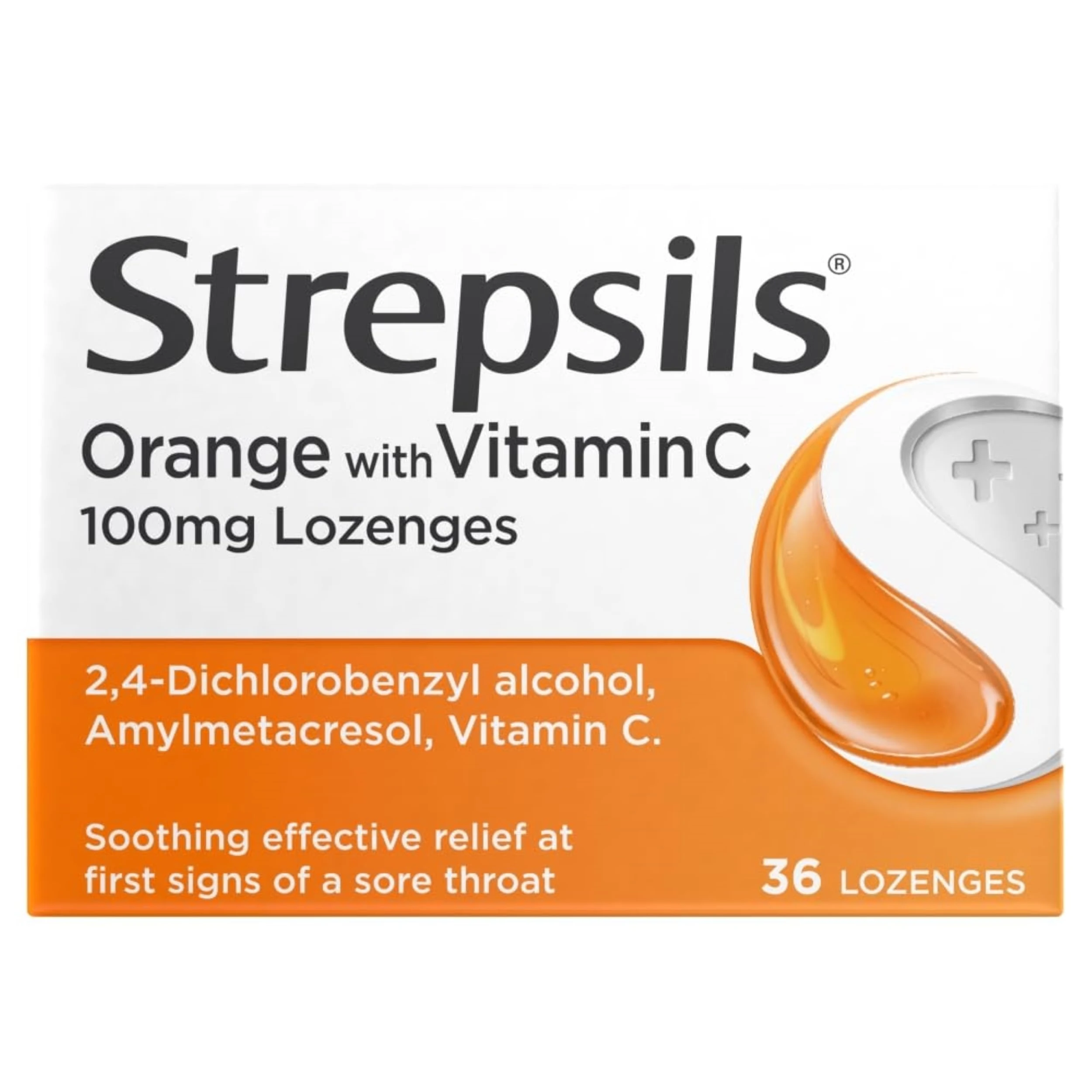 Strepsils Orange Vitamin C Lozenges, 100mg, 36 Count, Fast-Acting Sore Throat Relief, Soothes In 2 Hours, Effective Discomfort Medication