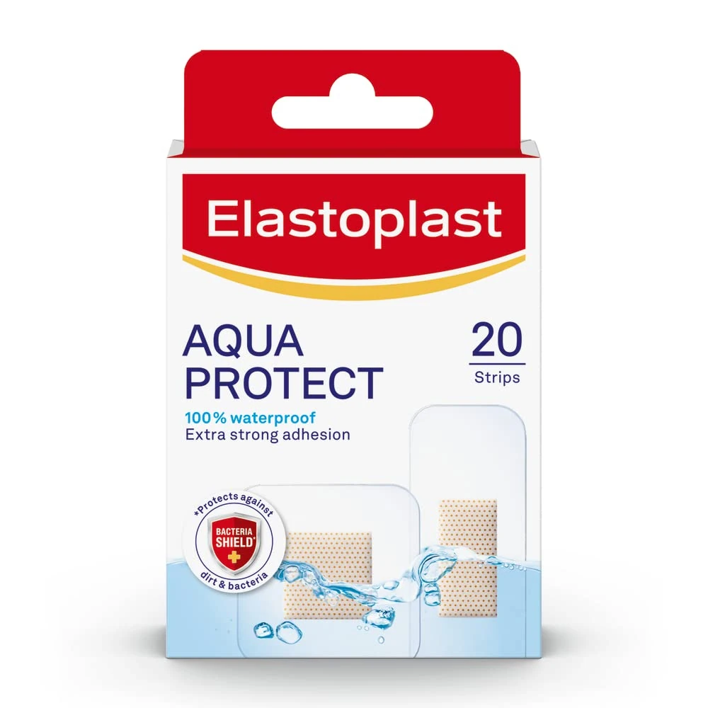 Elastoplast Aqua Protect Plasters (20 Strips), 100% Waterproof for Swimming/Bathing, Strong Adhesion non-stick Wound Pad, Flexible and Breathable Plasters, Transparent and Discreet plasters, Clear