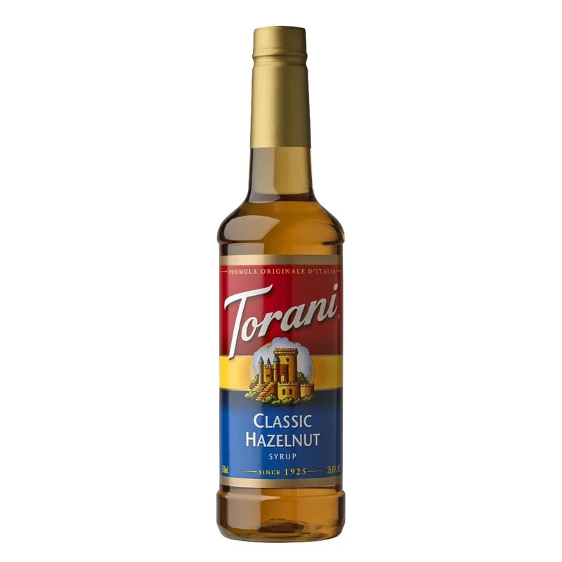 Torani Hazelnut Syrup (750ml) - Premium Cane Sugar Coffee Syrup for Lattes, Cappuccinos, Iced Coffee, Cocoas & Shakes - Nutty Taste, Vegetarian-Friendly