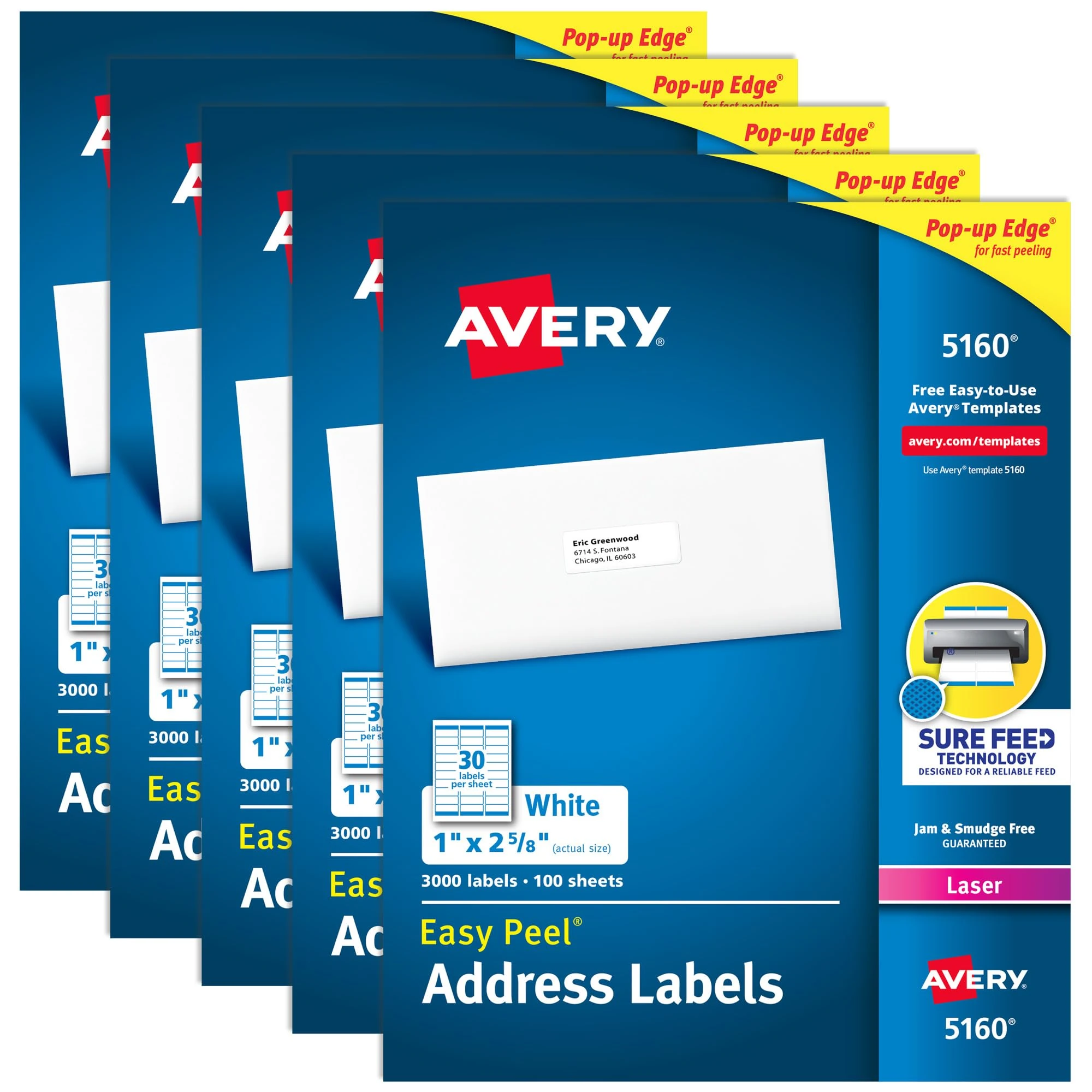 Avery Address Labels with Sure Feed for Laser Printers, 1" x 2-5/8", 15,000 Labels – Great for FBA Labels (5 Packs 5160)