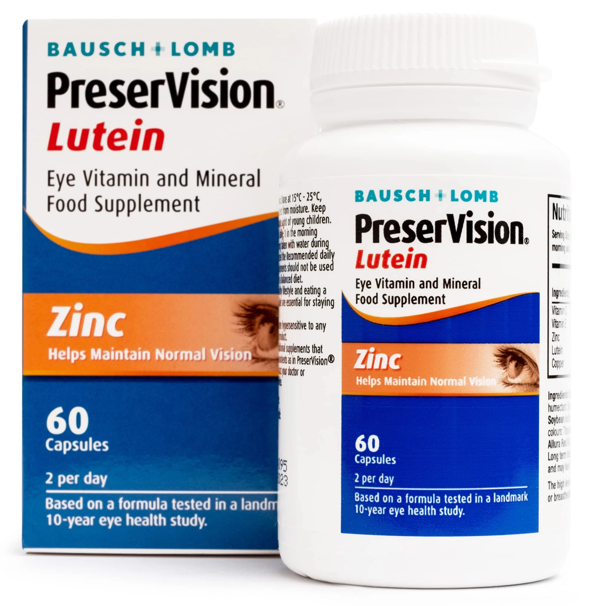 PreserVision Lutein by Bausch + Lomb, Lutein, Zinc, Copper and Vitamin C and E, Eye Vitamin and Mineral Food Supplement, Two Soft Gel Capsules per Day