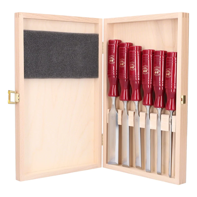 Kirschen 1103000 Firmer Chisel Set with Plastic Handle in Wooden Box, Red/Silver, 6-Piece