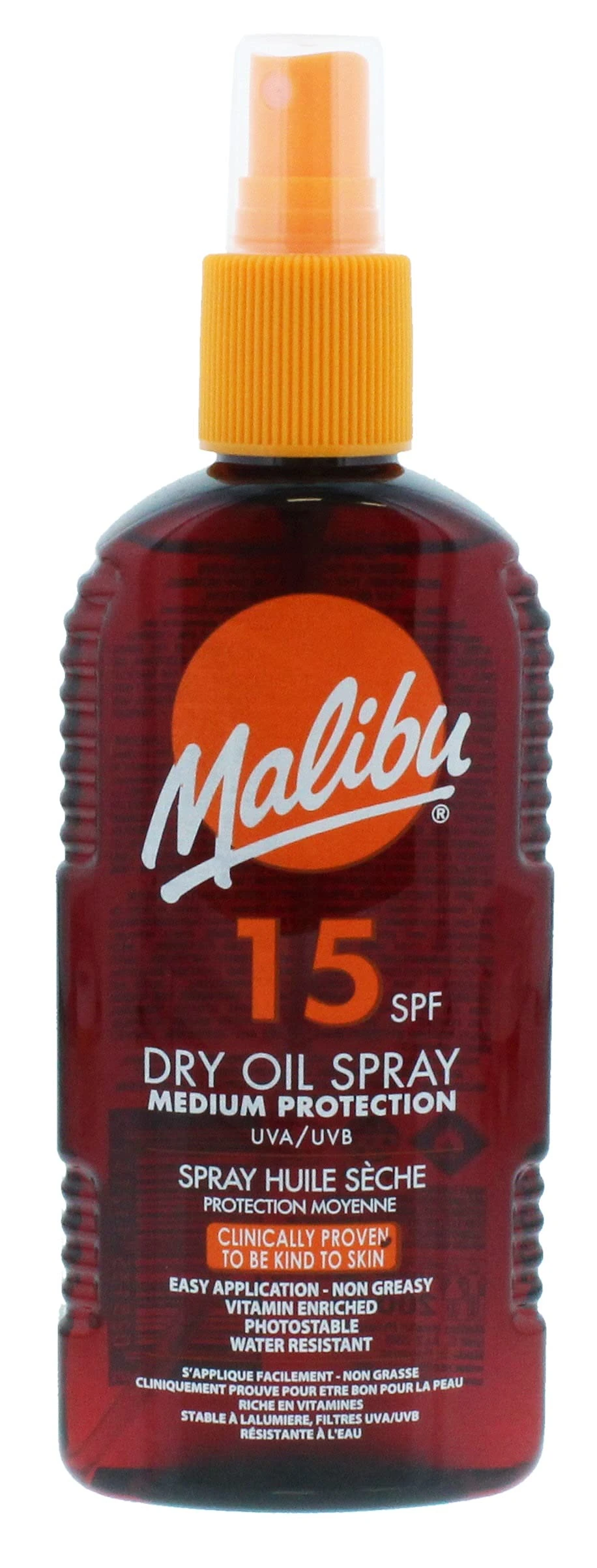 Malibu Sun SPF 15 Non-Greasy Dry Oil Spray for Tanning, Medium Protection, Water Resistant, 200ml
