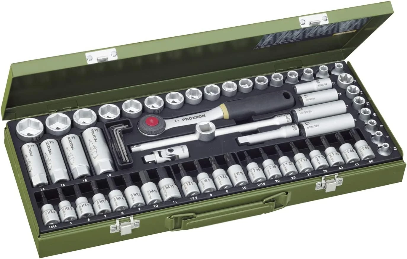 Proxxon 23112 Super Compact Socket Wrench Set with 10 mm (3/8 Inch) Reversible Ratchet 65-Piece Tool Set in Steel Box