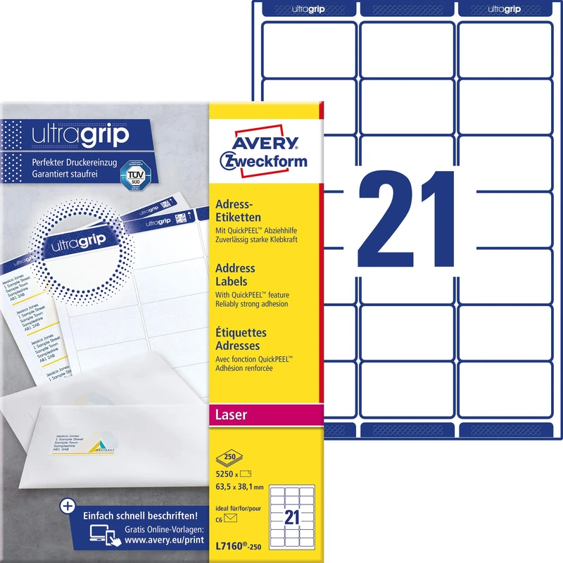 Avery Zweckform L7160-250 Addressing Labels 63.5 x 38.1 mm 250 Sheets