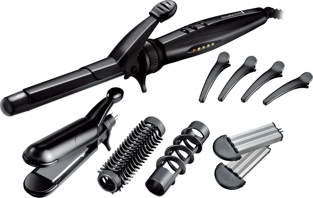 Remington S8670 Multi-Style Includes Reversible Styling Plates, 19 mm Curling Tong, Round Brush and Spiral Curling Attachment, Hair Clips, Black