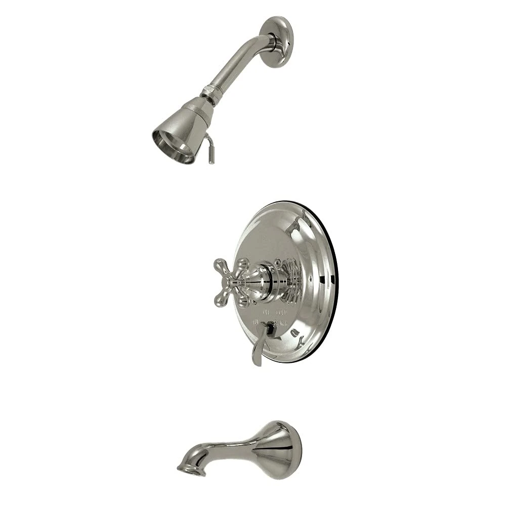 Kingston Brass KB36380AX Restoration Tub and Shower Faucet with Metal Cross Handle, Satin Nickel