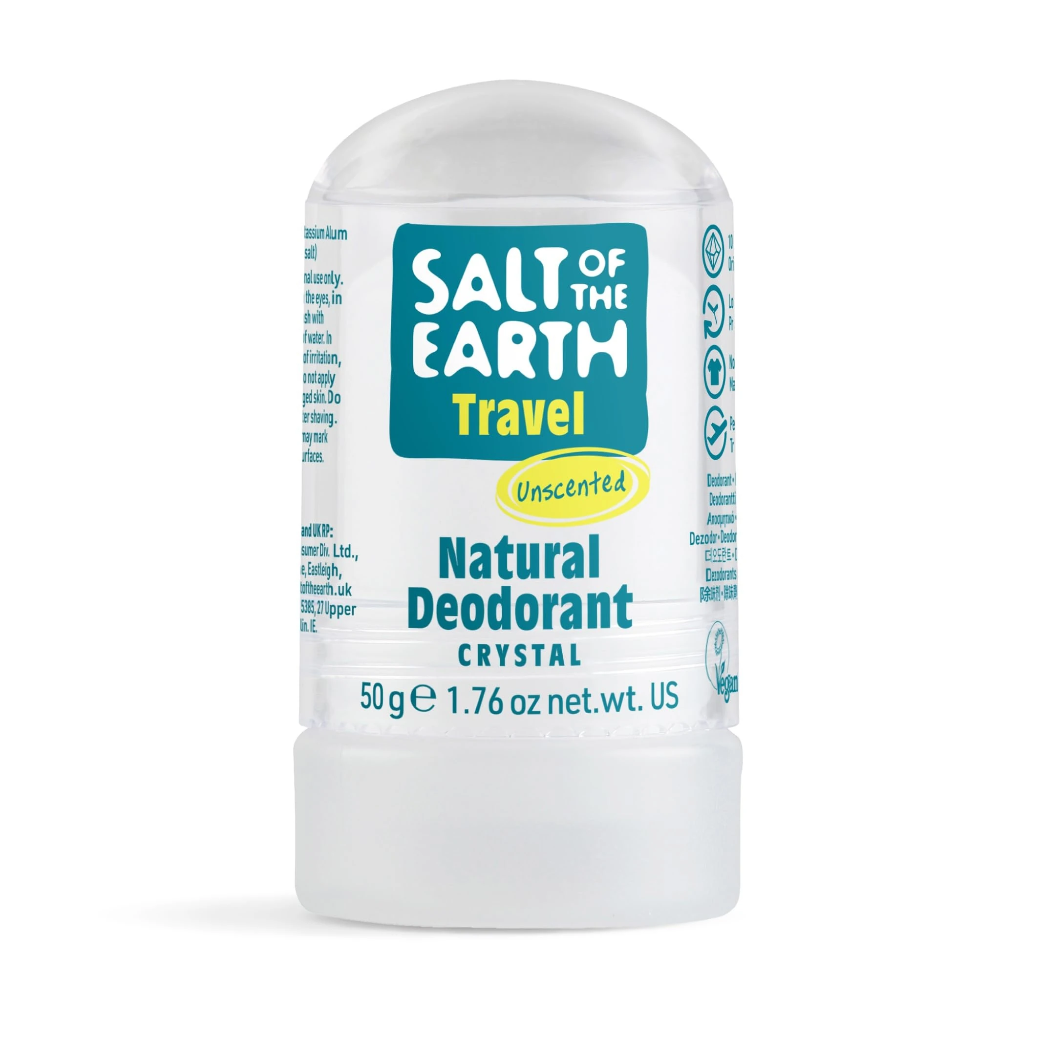 Salt of the Earth - Travel Sized Natural Deodorant Crystal - Fragrance Free, Vegan, Long Lasting Protection, Leaping Bunny Approved - Unscented - 50g