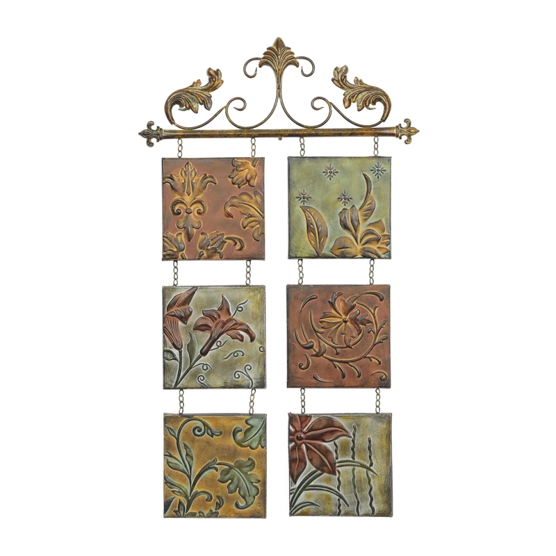 Deco 79 Metal Floral 6 Suspended Panels Wall Decor with Embossed Details, 23" x 1" x 40", Multi Colored