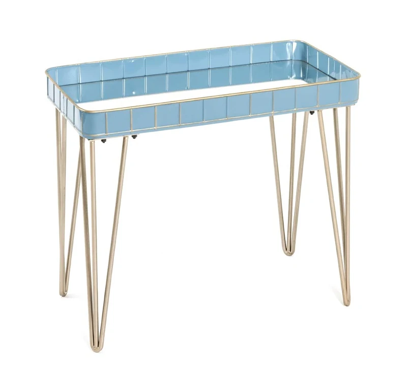 HAKU Möbel End Table Blue, Gold, Metal, Mirror - Size: W 60 cm X H 54 cm X D 31 cm, Style: Art Deco