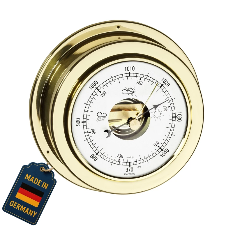 TFA Dostmann Analogue Barometer with Open Movement Maritim, 29.4010.B, made in Germany, weather forecast, made of brass