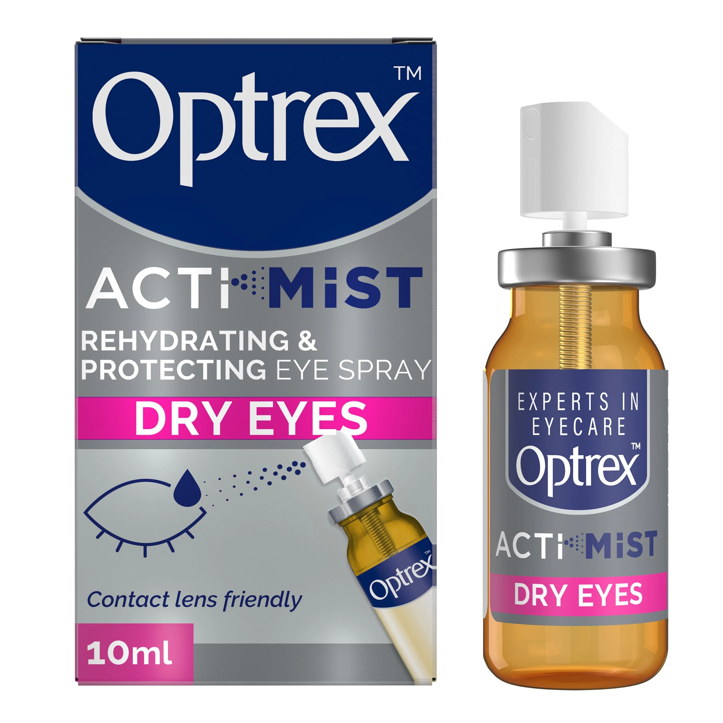 Optrex Actimist, Dry Eyes, 10ml, Rehydrating & Protecting Eye Spray ,Instant, Long-Lasting relief, Dual Action Relief For Tired, Dry Eyes, Treatment For Discomfort And Fatigue, Easy to Apply