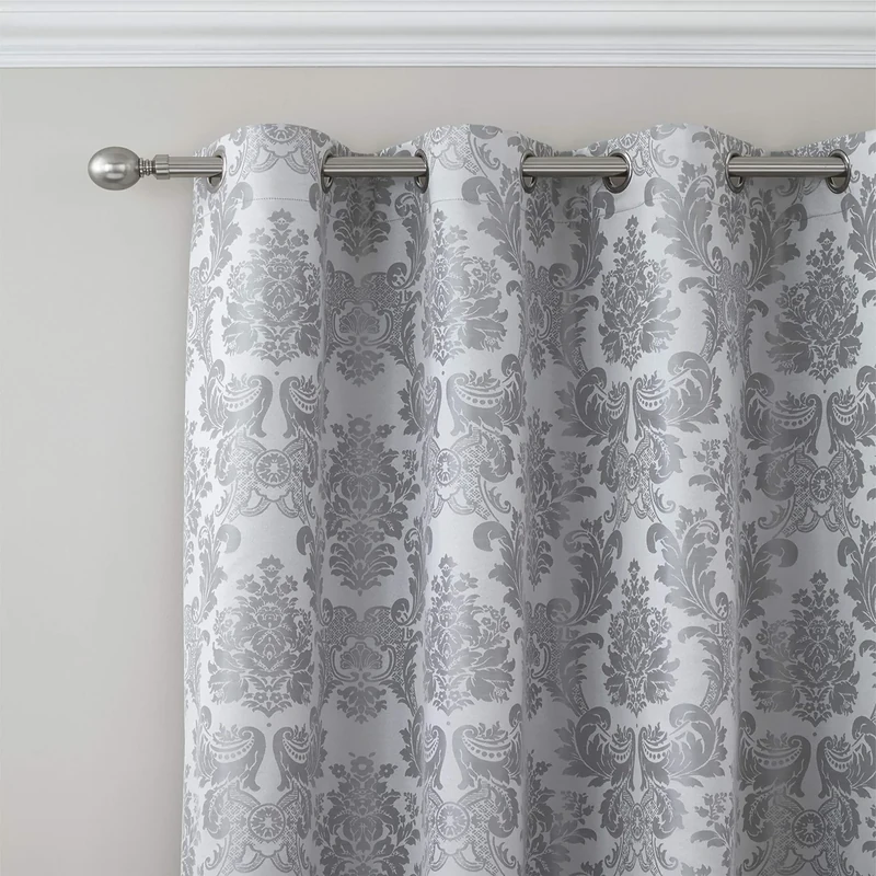 Catherine Lansfield Damask Jacquard 66x90 Inch Lined Eyelet Curtains Two Panels Silver Grey