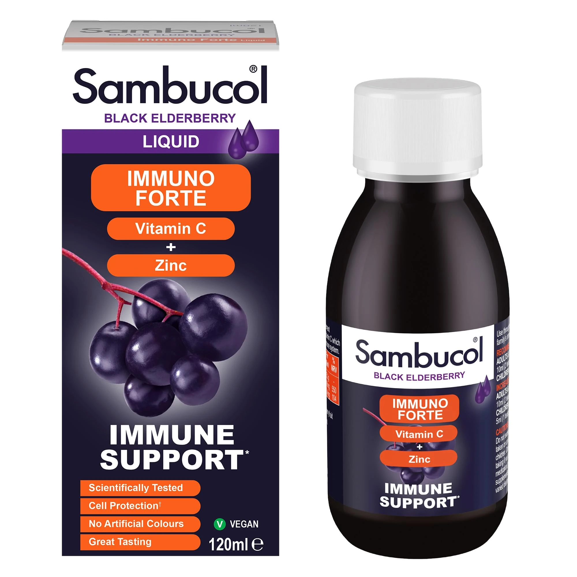 Sambucol Natural Black Elderberry Immuno Forte, Vitamin C, Zinc, Immune Support Supplement Liquid, Syrup, 120 ml (Pack of 1)