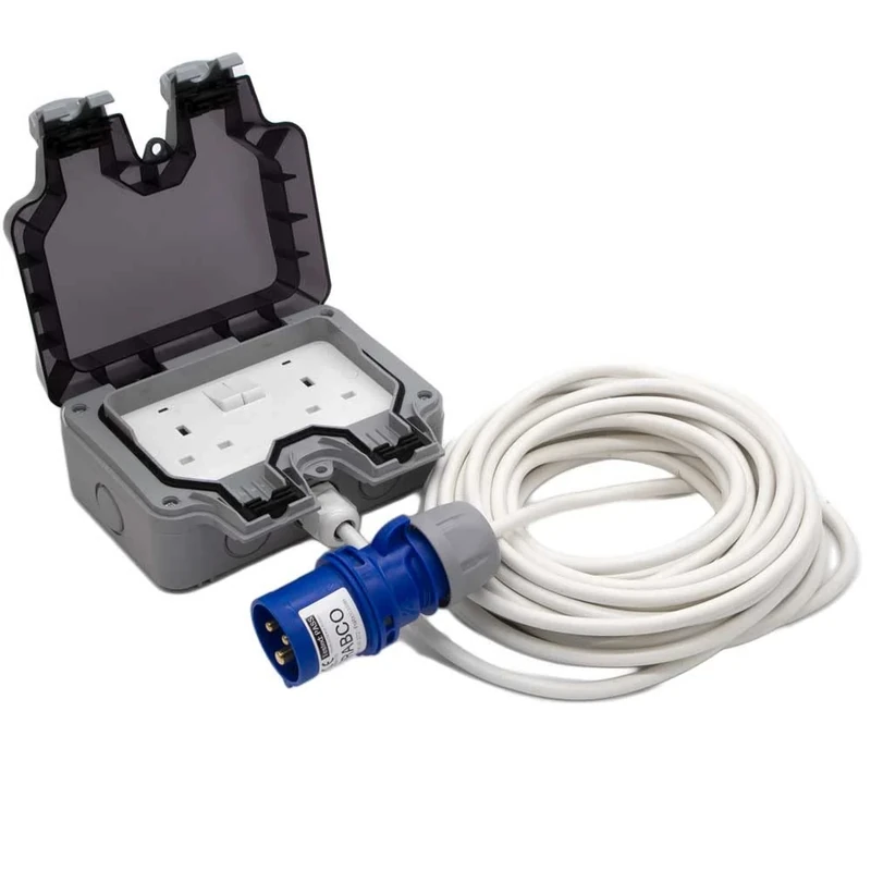 IP44 16 Amp Blue CEE Plug to IP66 2 Gang 13a Trailing sockets. Weatherproof Portable Outdoor Mains Power Extension Lead (Length 10 Metres)