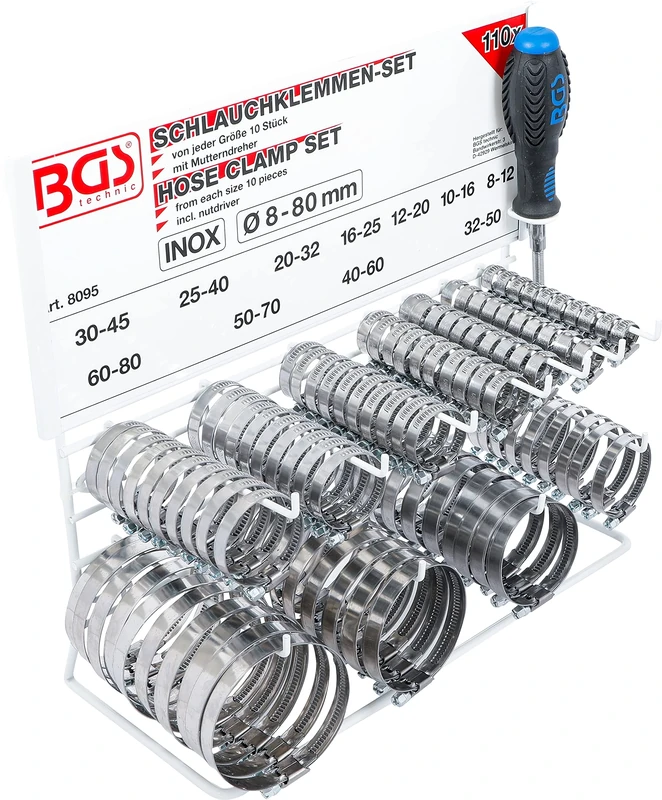 BGS 8095 | Hose Clamp Set | Stainless | on Display Board | 111 pcs.