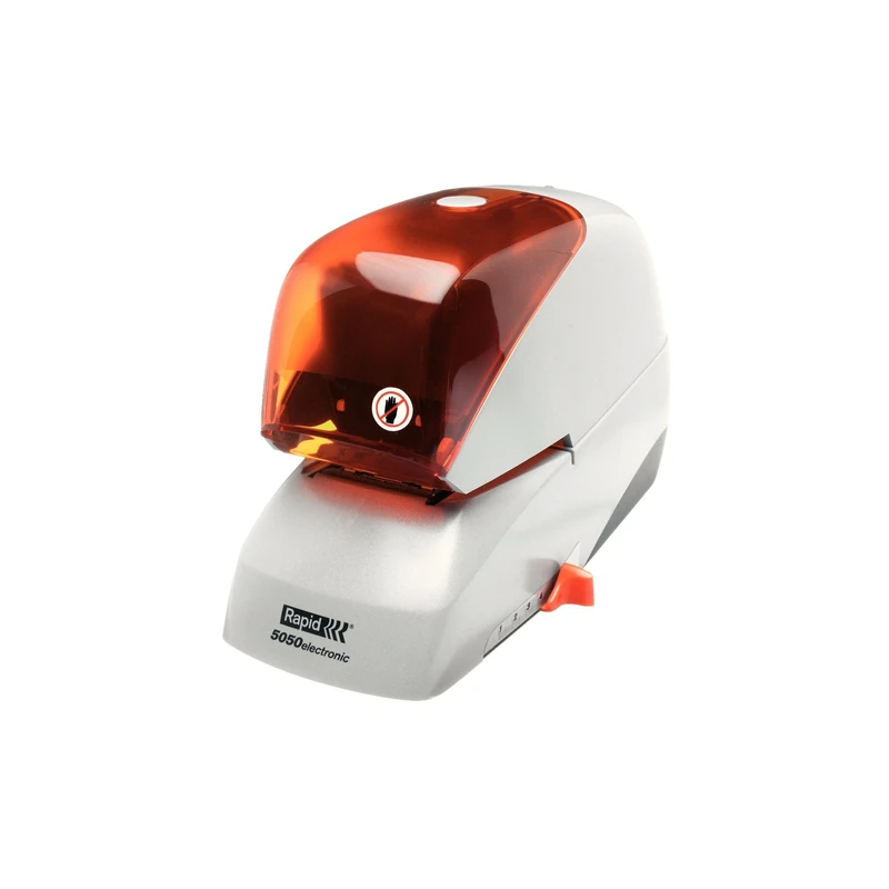Rapid Supreme 5050e Contactless Electric Stapler, 50 Sheet Capacity, Mains Powered with global Plug, Flat Clinch Stapling, Staples Included, Metal and Plastic, Silver/Orange, 20993214
