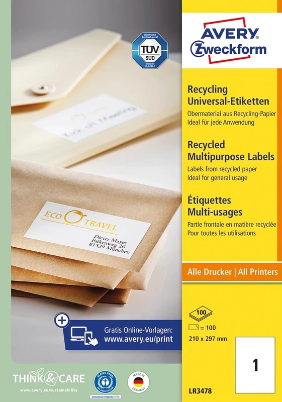 Avery Zweckform Recycling Universal Label for Inkjet Laser and Copier