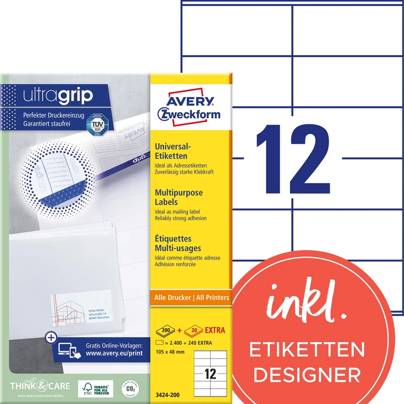 Avery Zweckform 3424-200 Universal Labels 105x48 mm for Inkjet Laser Copy White