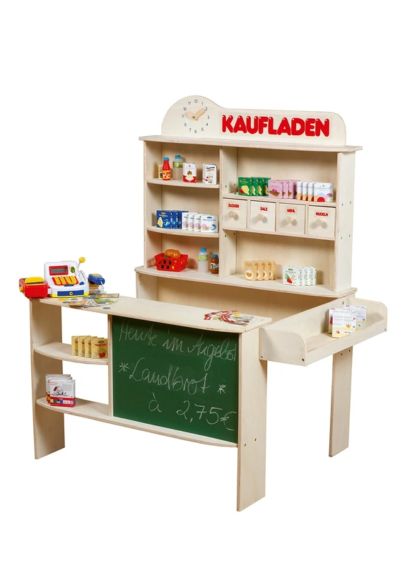 roba wooden grocery shop for children, shop, sales, stand with 4 drawers, clock, table, counter & side bar cabinet, white and natural.