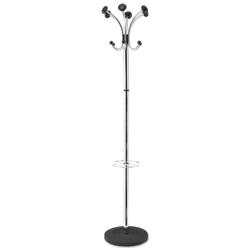 Alba Chromy Hat and Coat Stand Tubular Steel with Umbrella Holder 6 Hooks 6 Pegs H1790mm Ref PMCLAS, Silver