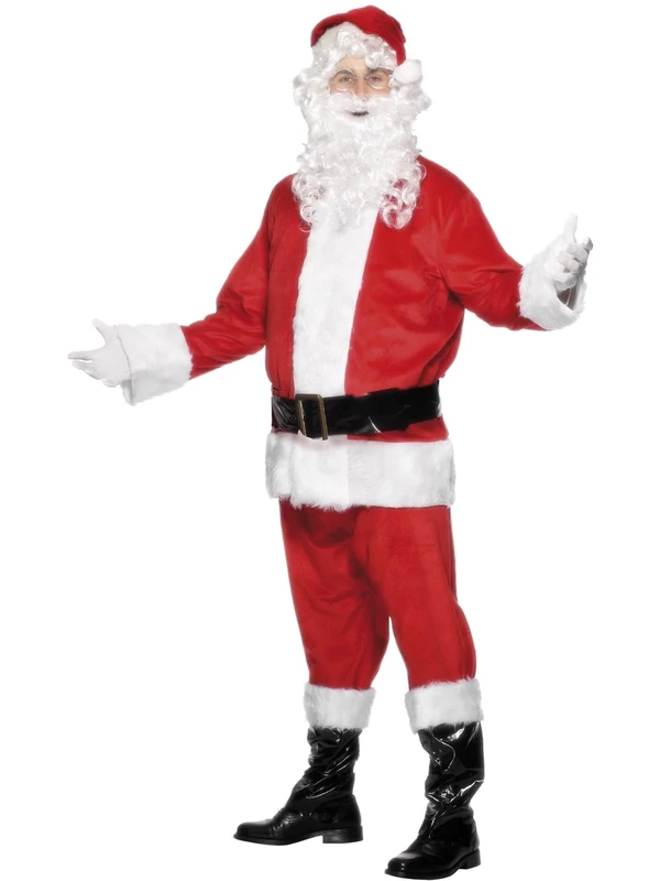 Smiffys Deluxe Santa Costume for Men, Complete Red & White Father Christmas Outfit Jacket, Trousers, Belt, Hat, Boot Covers & White Beard, Festive Fancy Dress Costume for Xmas Parties & Events, Large