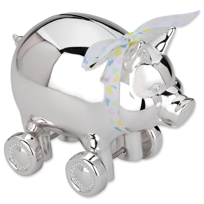 Reed & Barton Piggy with Wheels Silverplate Bank, Silver-Plated, Metallic, 1.75 LB