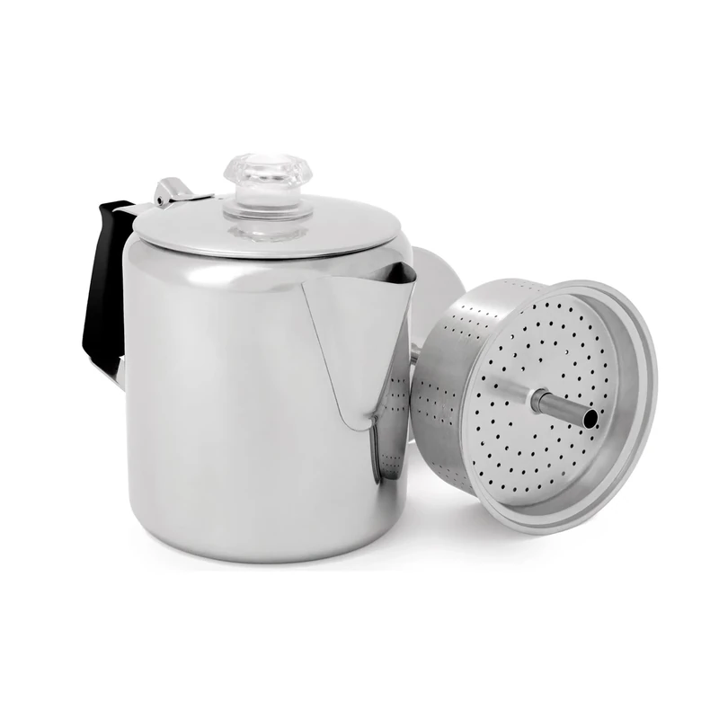 GSI Outdoors Percolator Coffee Pot I Glacier Stainless Steel with Silicone Handle for Camping, Backpacking, Travel, RV & Hunting - Stove Safe - 6 Cup