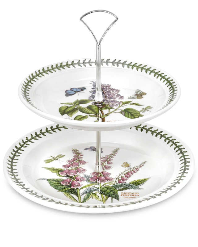 Portmeirion x Botanic Garden 2 Tier Cake Stand - Porcelain Elegant White & Green Earthenware Dessert Display for Serving Cakes, Pastries, and Afternoon Tea