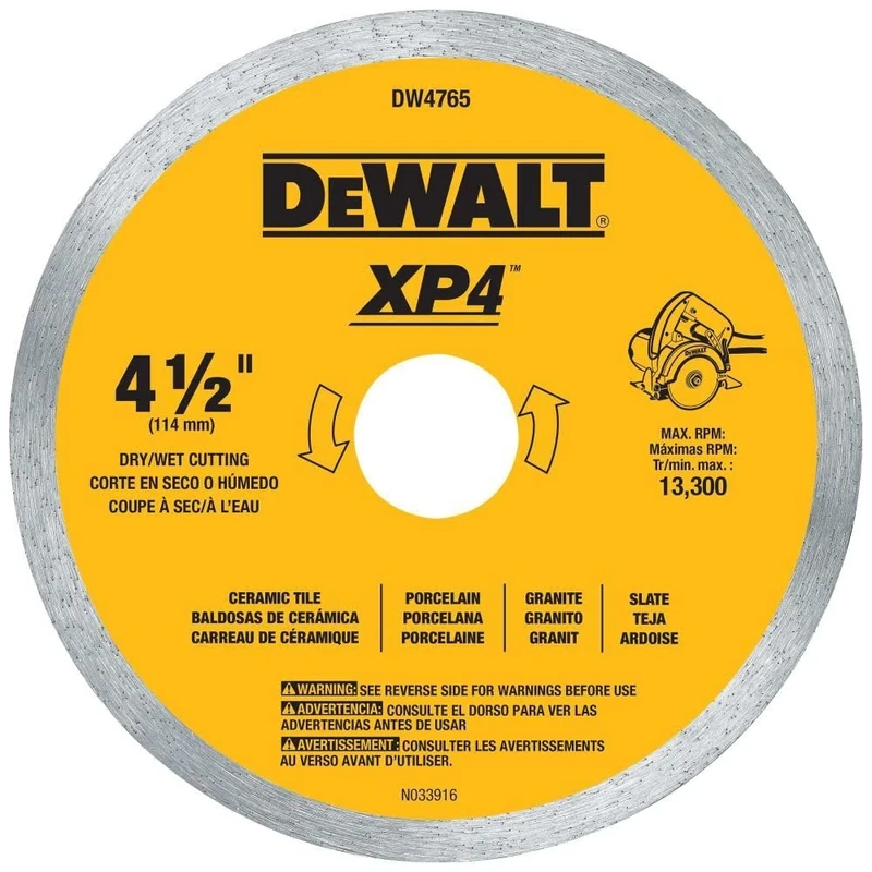 DEWALT Diamond Blade for Porcelain Tile, Wet/Dry, 4-1/2-Inch (DW4765), Yellow