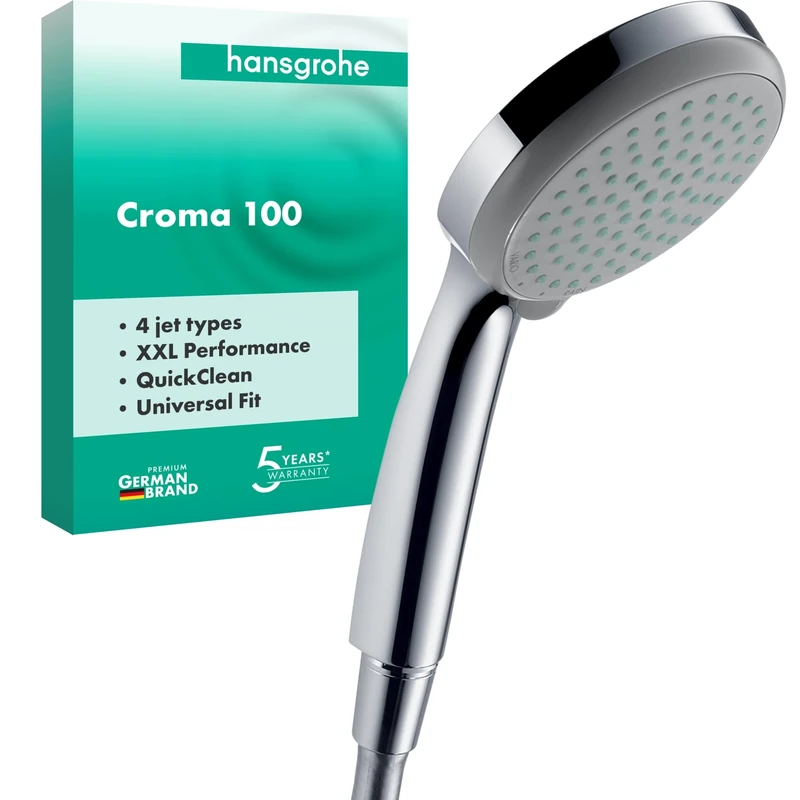 hansgrohe Croma 100 - shower head, hand shower round (⌀ 100 mm) with 4 sprays, with anti-limescale function, chrome, 28535000