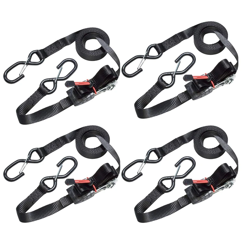 Master Lock 3056EURDAT Ratchet Tie Down Strap with S-Hooks, Reflective and Black, 4.25 m x 25 mm Strap, Pack of 4