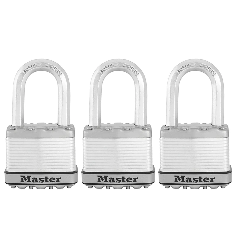MASTER LOCK Pack of 3, Heavy Duty Padlocks, Security Level 9/10, Outdoor, Keyed, Laminated Steel, Weatherproof, Medium Shackle