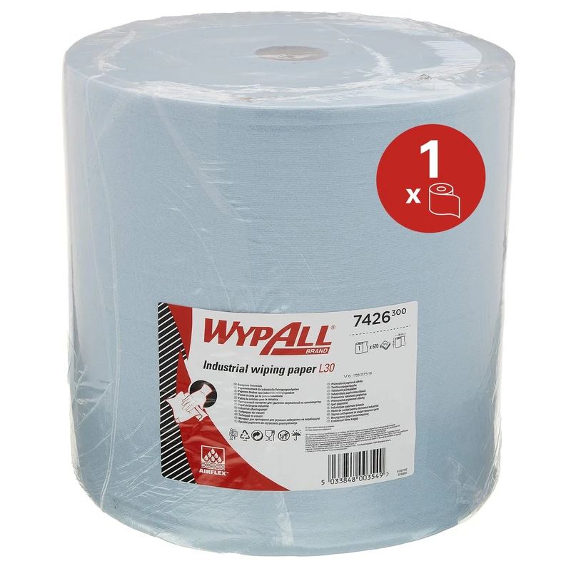 WypAll L30 Industrial Wiping Paper 7426, Extra-Wide Jumbo Blue Roll, 3-Ply, Highly Absorbent & Durable, Ideal for Heavy-Duty Cleaning, 1 Roll x 670 Sheets (670 Total)