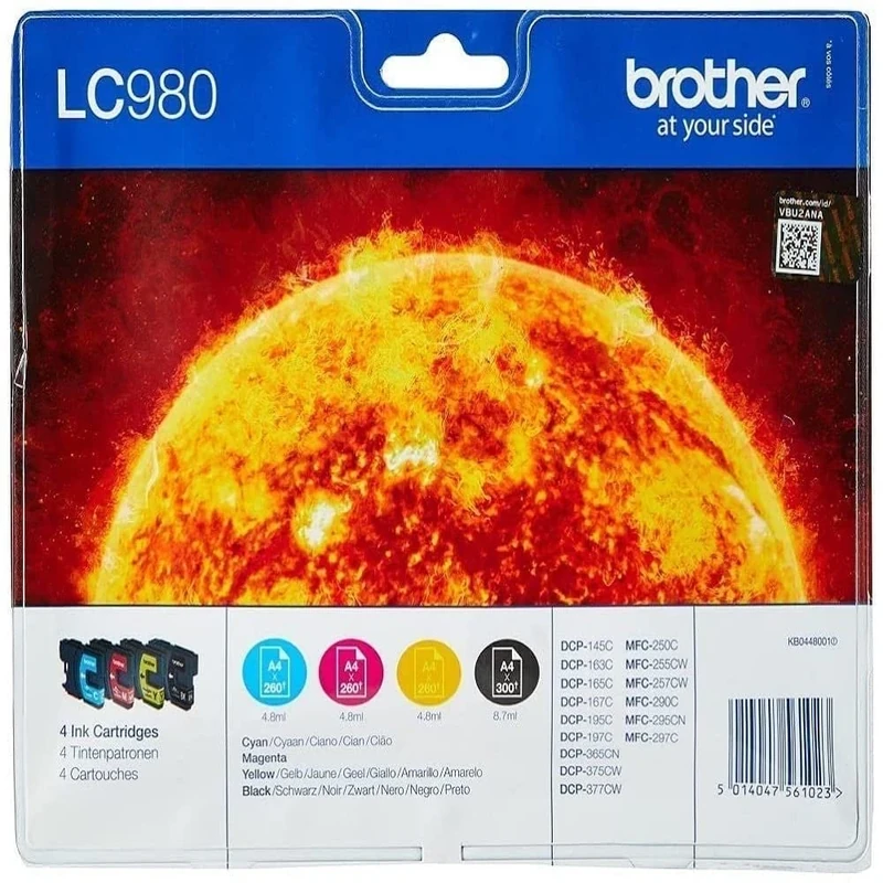 Brother LC-980BK/LC-980C/LC-980M/LC-980Y Inkjet Cartridges, Black/Cyan/Magenta/Yellow, Multi-Pack, Standard Yield, Includes 4 x Inkjet Cartridges, Brother Genuine Supplies