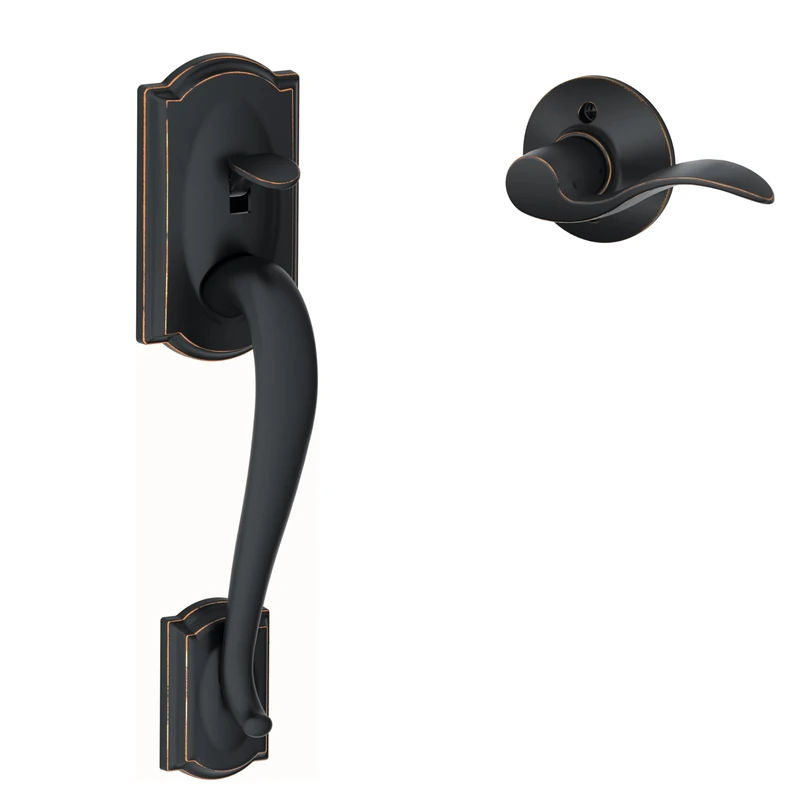 SCHLAGE FE285 CAM 716 Acc LH Camelot Front Entry Handleset with Left-Handed Accent Lever, Lower Half Grip, Aged Bronze