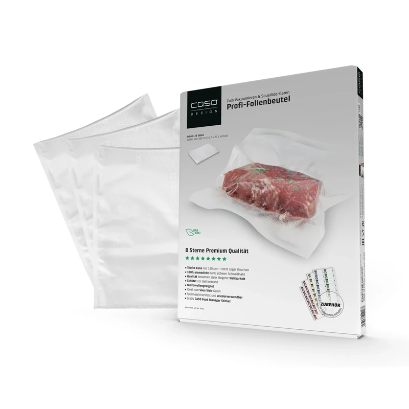 CASO professional film bag 42.40x32.80x2.80 cm/50 bags for all vacuum sealers, BPA-free,very strong & tear resistant 150µm,aroma-tight,boil-proof,sous vide,reusable including Food Manager sticker