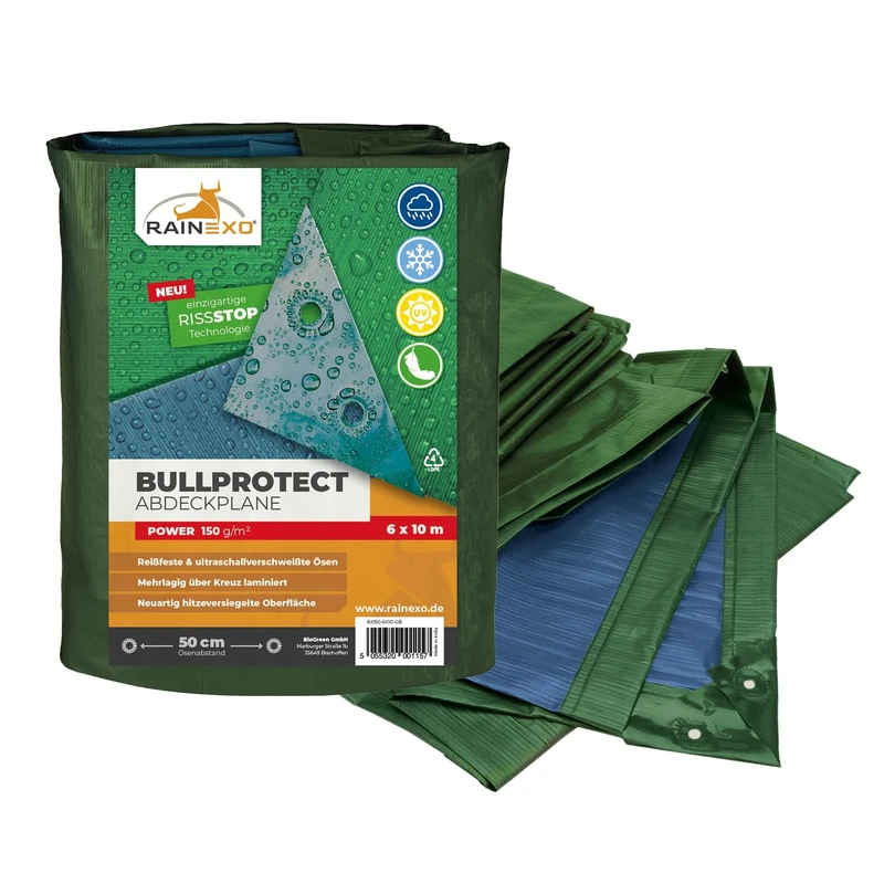 Rainexo Waterproof Outdoor Protection-Cover POWER | 150 g/m² | 6 x 10 m | Furniture/Construction/Greenhouse Cover | Heavy Duty Poly Tarp | Green/Blue
