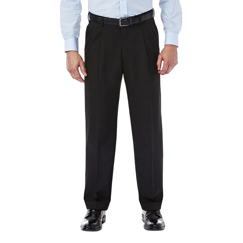 Haggar Men's Mynx Gabardine Pleat-Front Dress Pant with Hidden Expandable Waist, Black, 38W x 30L