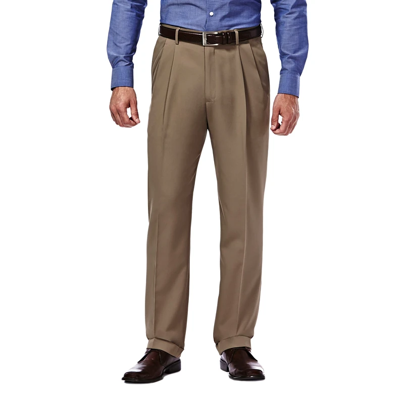 Haggar Men's Mynx Gabardine Pleat-Front Dress Pant with Hidden Expandable Waist, Khaki, 34W x 30L