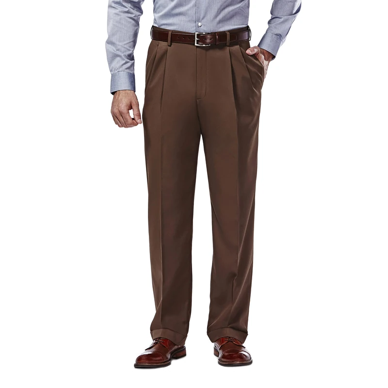 Haggar Men's Mynx Gabardine Pleat-Front Dress Pant with Hidden Expandable Waist, Oak, 36W x 34L